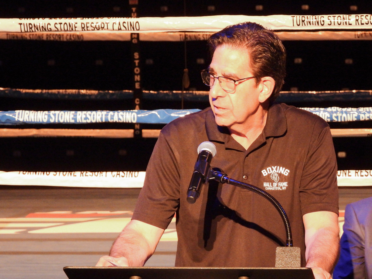 Ed Brophy, executive director of the International Boxing Hall of Fame, speaks at a press conference on Thursday at the Turning Stone, kicking off the Boxing Hall of Fame Induction Weekend.