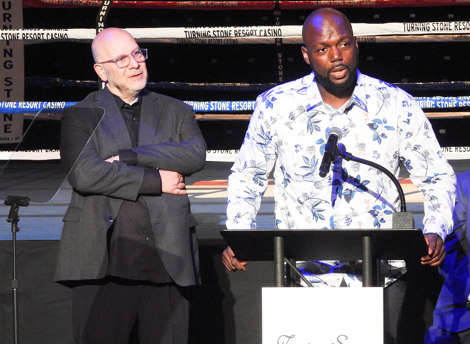 After being introduced by boxing promoter Lou DiBella, boxer Jack Mulowayi speaks at a press conference on Thursday at the Turning Stone, kicking off the Boxing Hall of Fame Induction Weekend