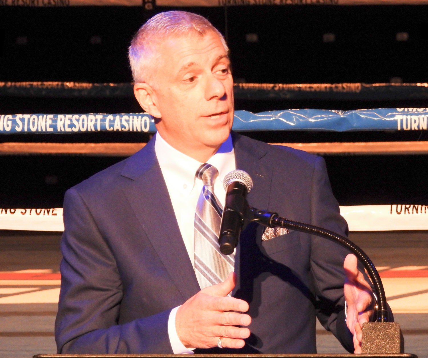 Oneida County Executive Anthony Picente speaks at a press conference on Thursday at the Turning Stone, kicking off the Boxing Hall of Fame Weekend