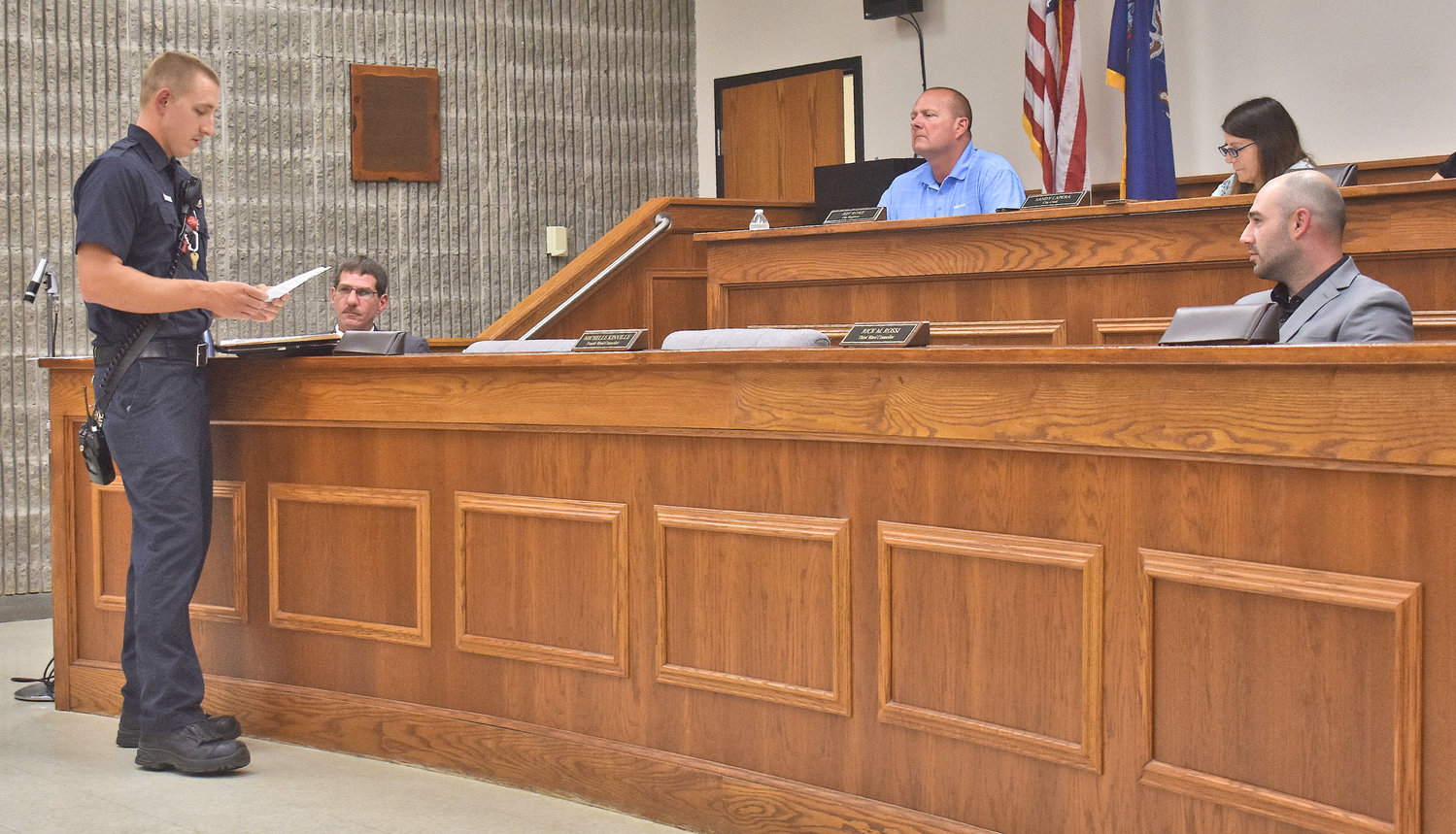 At an Oneida Common Council meeting on June 7, 2022, Oneida City Fire Marshal Brian Burkle presents information about the building located at 140 Madison Street.