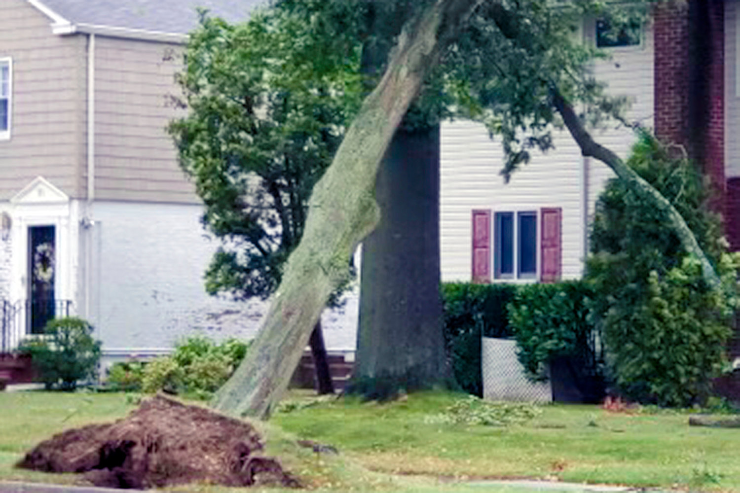 This Aug. 4, 2020, photo provided by James Burke shows an uprooted tree that caused severe damage to a Garden City, N.Y., home during Tropical Storm Isias. (James Burke via AP)
