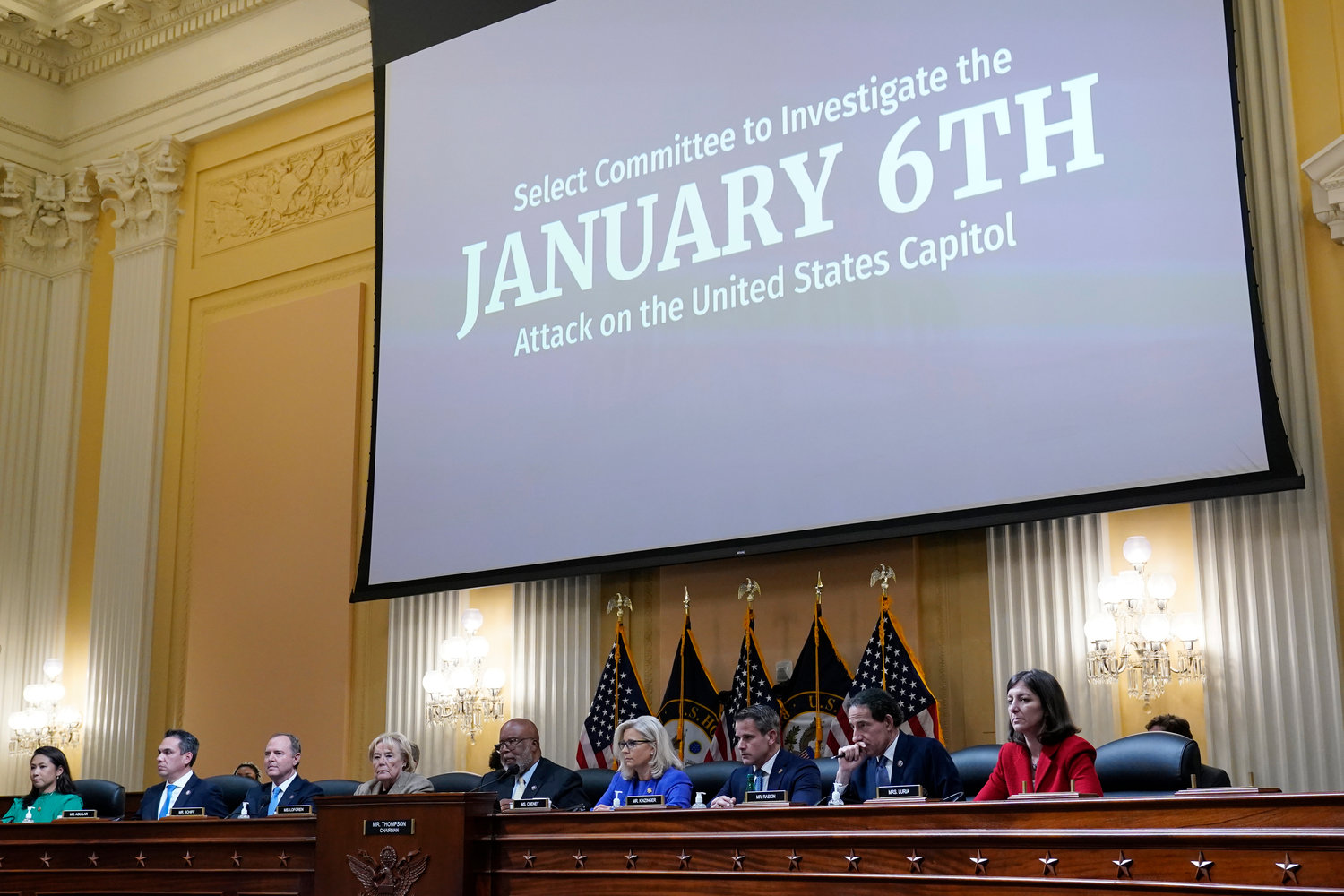 From left to right, Rep. Stephanie Murphy, D-Fla., Rep. Pete Aguilar, D-Calif., Rep. Adam Schiff, D-Calif., Rep. Zoe Lofgren, D-Calif., Chairman Bennie Thompson, D-Miss., Vice Chair Liz Cheney, R-Wyo., Rep. Adam Kinzinger, R-Ill., Rep. Jamie Raskin, D-Md., and Rep. Elaine Luria, D-Va., are seated as the House select committee investigating the Jan. 6 attack on the U.S. Capitol holds its first public hearing to reveal the findings of a year-long investigation, at the Capitol in Washington, Thursday, June 9, 2022. (AP Photo/J. Scott Applewhite)