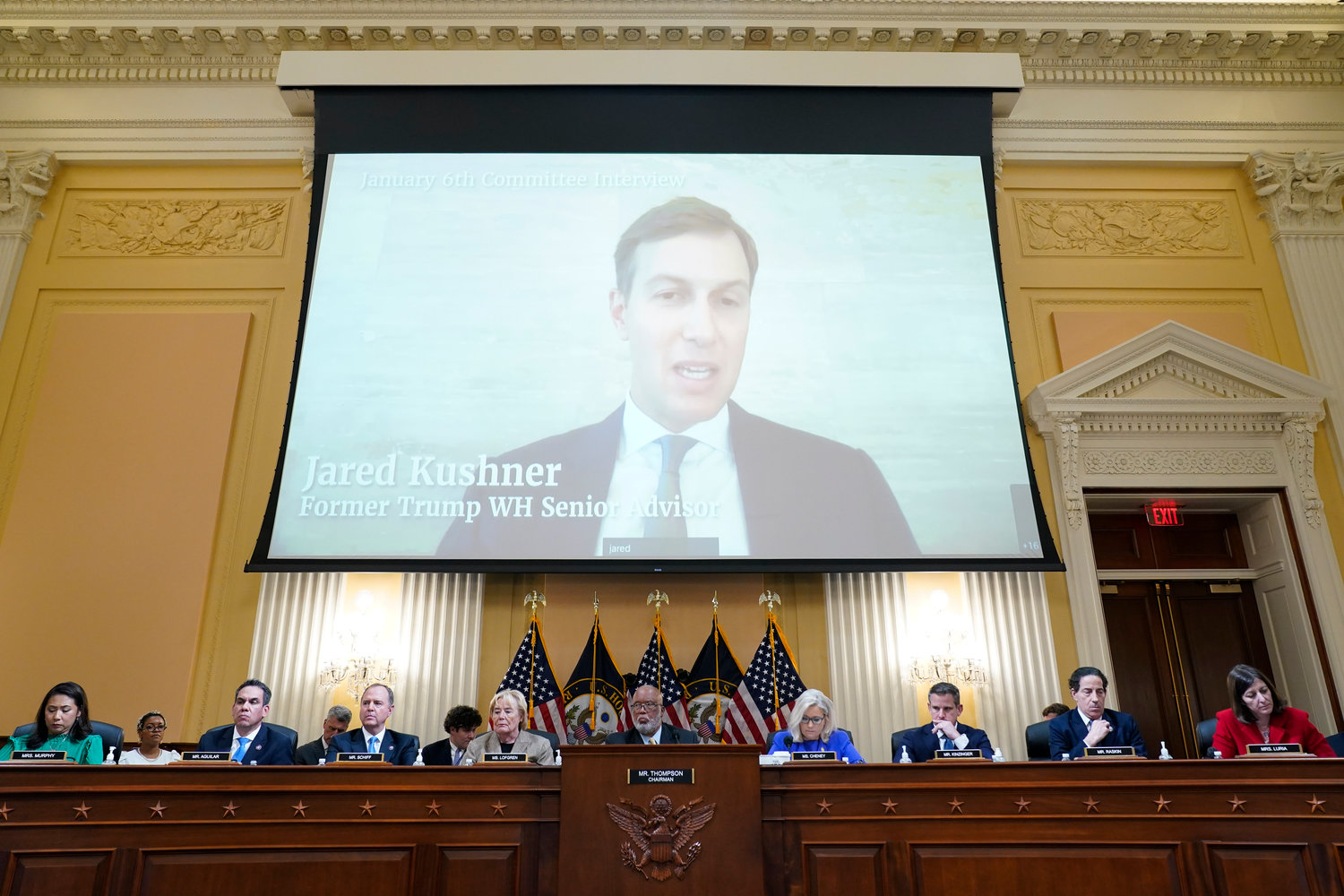A video showing former White House Senior Advisor Jared Kushner speaking during an interview with the Jan. 6 Committee is shown at the House select committee investigating the Jan. 6 attack on the U.S. Capitol, hearing Thursday, June 9, 2022, on Capitol Hill in Washington. (AP Photo/Andrew Harnik)