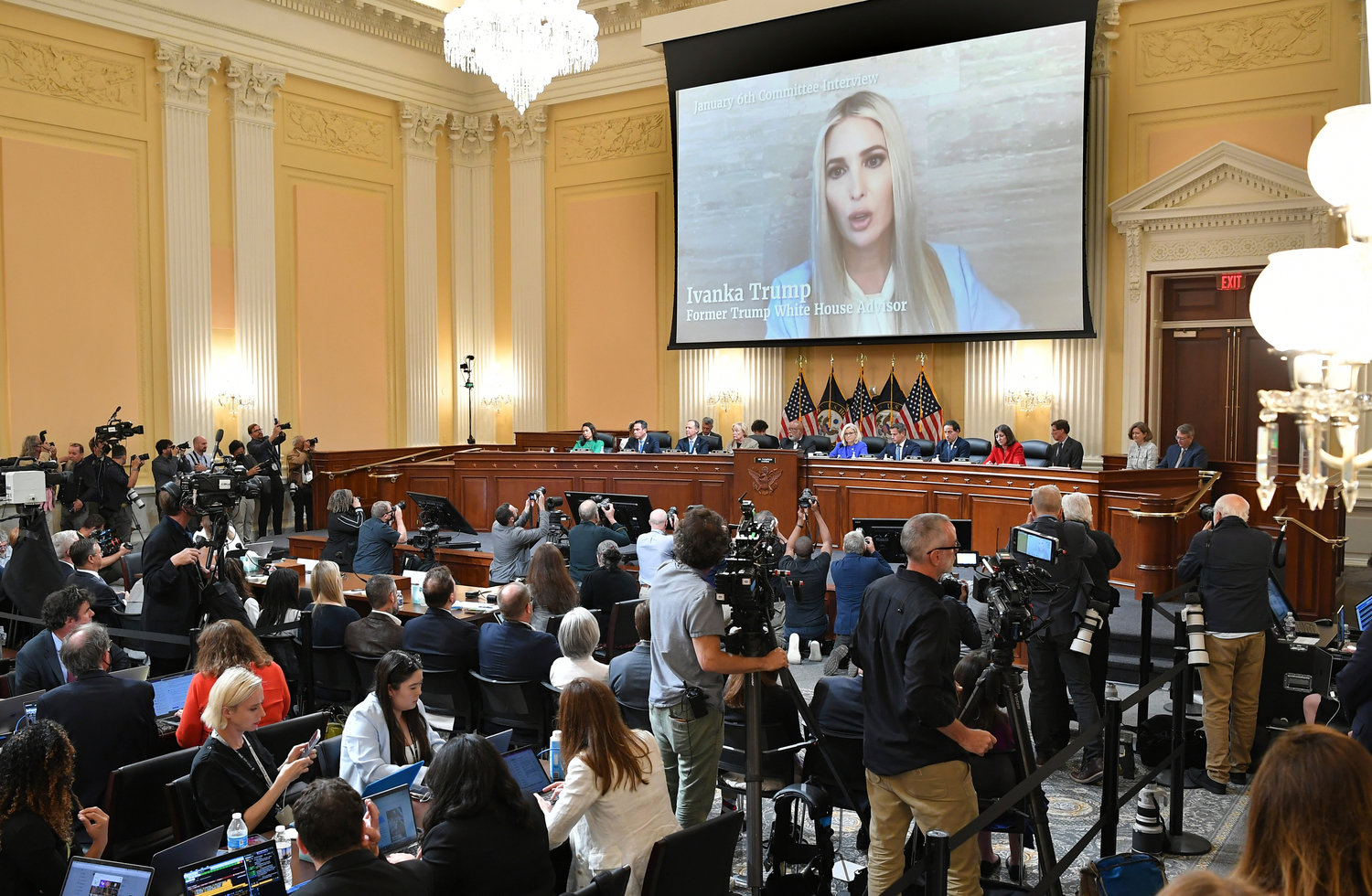 An image of Ivanka Trump is displayed on a screen as the House select committee investigating the Jan. 6 attack on the U.S. Capitol holds its first public hearing to reveal the findings of a year-long investigation, on Capitol Hill in Washington, Thursday, June 9, 2022. (Mandel Ngan/Pool via AP)