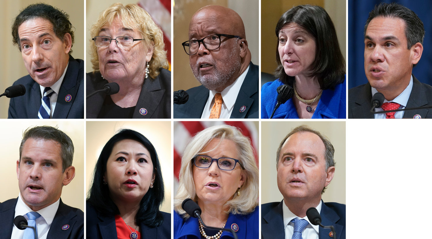 This combination of photos shows the members of the House select committee tasked with investigating the Jan. 6, attack. Top row from left, Rep. Jamie Raskin, D-Md., Rep. Zoe Lofgren, D-Calif., Chairman Rep. Bennie Thompson, D-Miss., Rep. Elaine Luria, D-Va., and Rep. Pete Aguilar, D-Calif. Bottom row from left, Rep. Adam Kinzinger, R-Ill., Rep. Stephanie Murphy, D-Fla., Rep. Liz Cheney, R-Wyo., and Rep. Adam Schiff, D-Calif. (AP Photo)