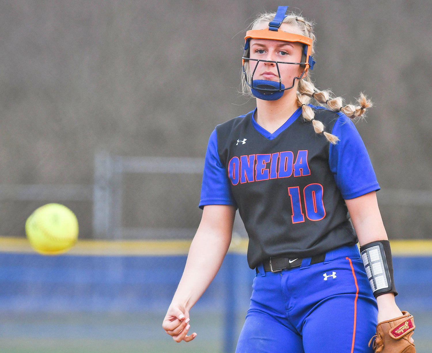 Oneida junior Kerrigan Crysler delivers a pitch in a game against Utica-Notre Dame earlier this season. Crysler won her second straight Tri-Valley League Pioneer Division pitcher of the year award.