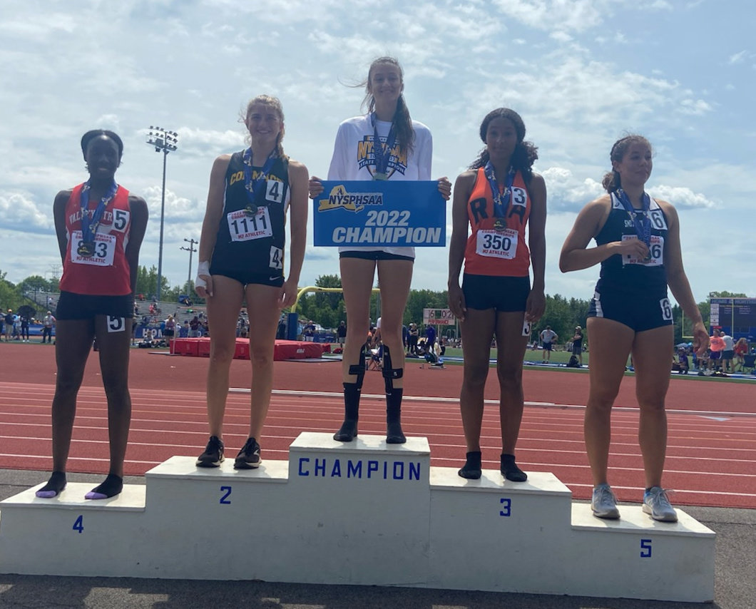 Rome Free Academy sophomore Imani Pugh, second from right, was third in the state and Federation in the pentathlon during the event at Ciero-North Syracuse High School.