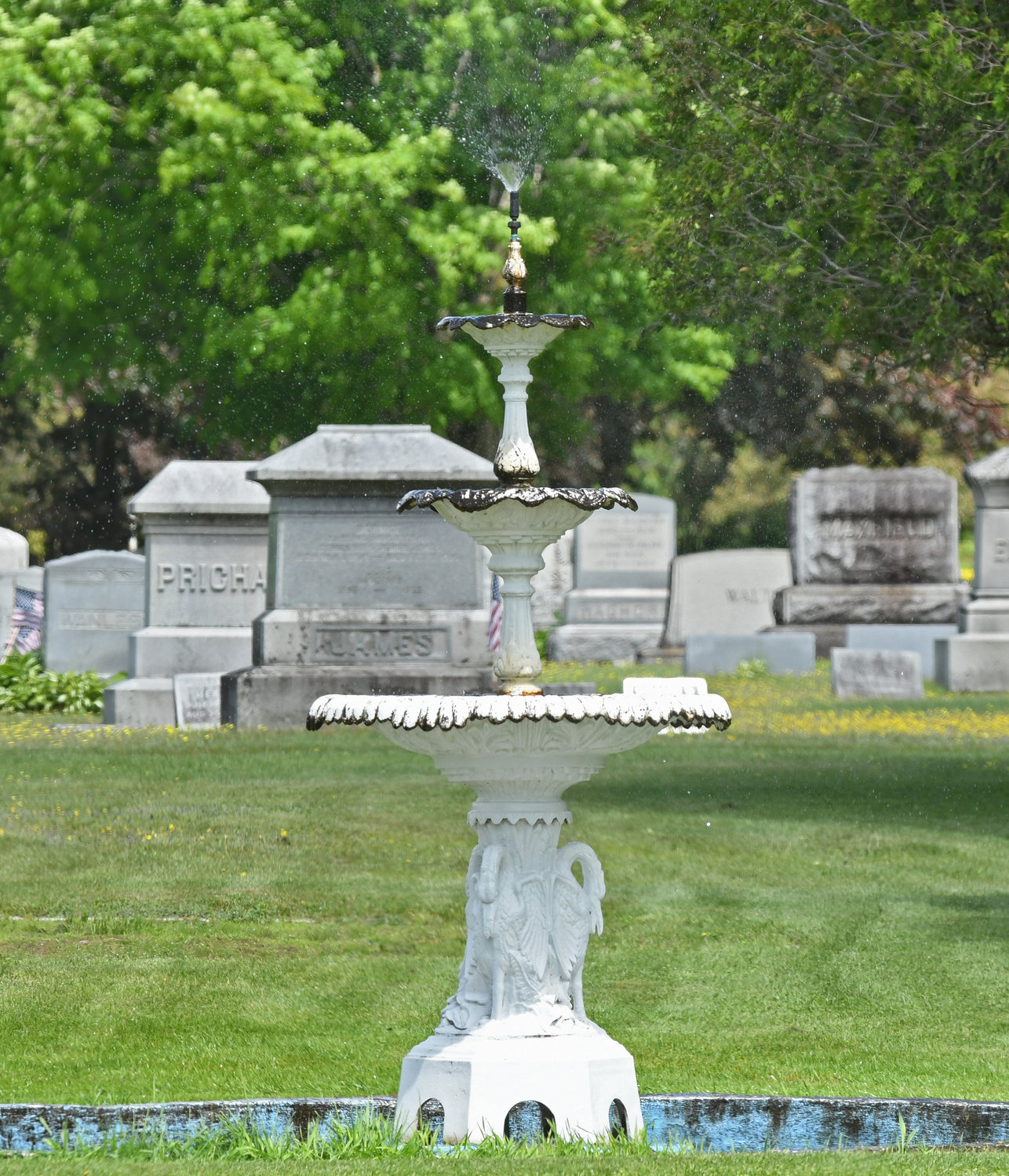 Fountain on the newer side of Prospect Cemetery adds to the serenity of the Prospect Cemetery.