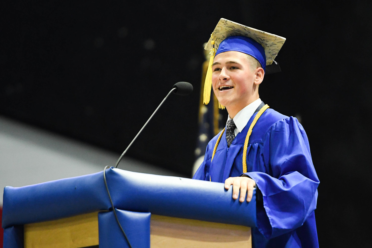 Senior Class President Carson Cook speaks during Whitesboro High School's 87th annual commencement ceremony for the class of 2022 on Saturday at the Adirondack Bank Center at the Utica Memorial Auditorium.