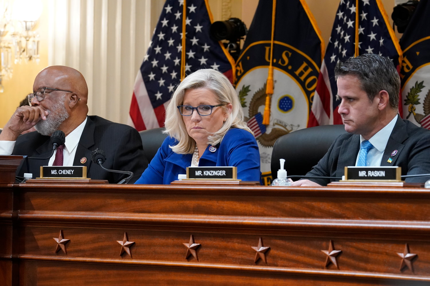 From left, Chairman Bennie Thompson, D-Miss., Vice Chair Liz Cheney, R-Wyo., and Rep. Adam Kinzinger, R-Ill., listen as Arizona House Speaker Rusty Bowers testifies with Georgia Secretary of State Brad Raffensperger and Georgia Deputy Secretary of State Gabriel Sterling, before the House select committee investigating the Jan. 6 attack on the U.S. Capitol, at the Capitol in Washington, Tuesday, June 21, 2022. (AP Photo/J. Scott Applewhite)