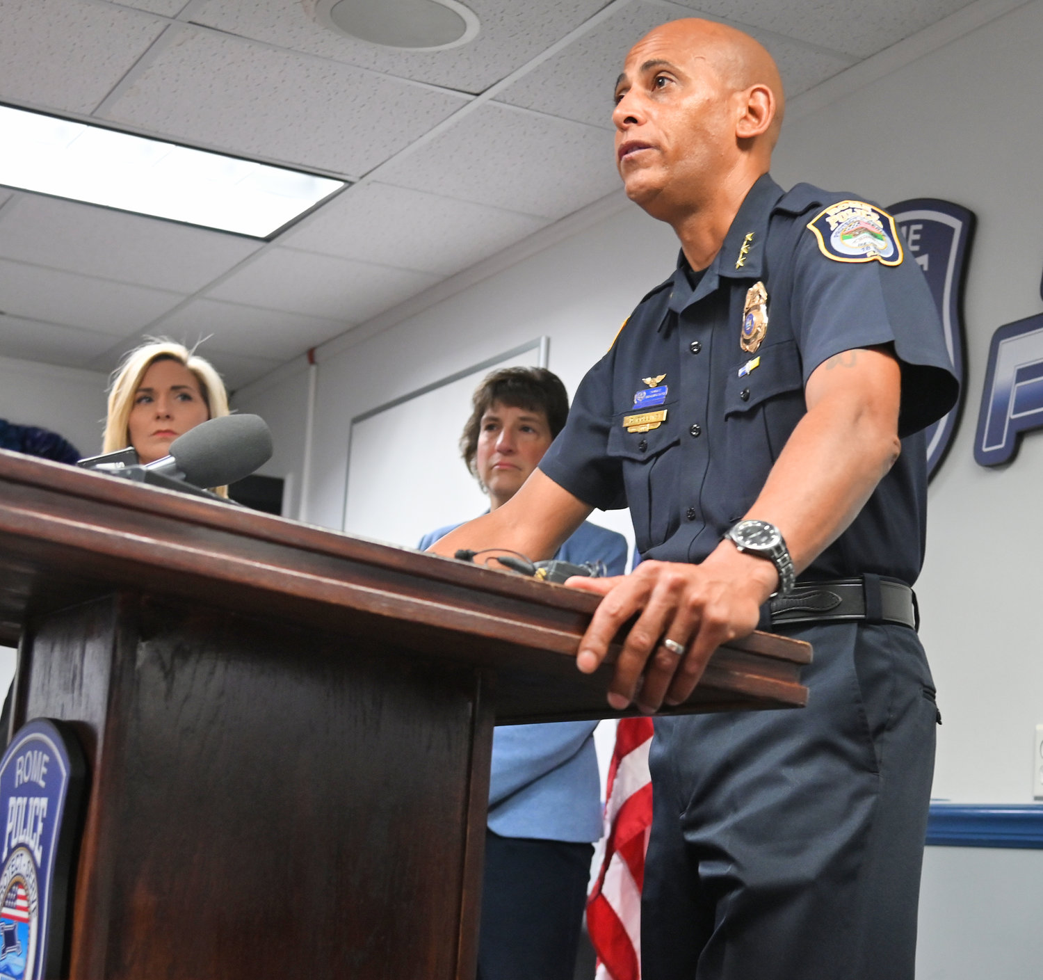 Rome Police Chief David J. Collins unveiled the department's new Street Crimes Unit on Tuesday. The unit will operate independently from the rest of the Patrol Division to focus their efforts on gun and drug-related crimes in Rome. He was joined by Lt. Sharon Rood, left, and Mayor Jacquline M. Izzo, center.