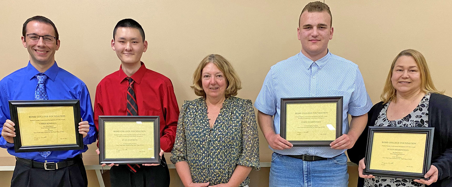 The Rome College Foundation honored a pair of students from the New York State School for the Deaf and their most influential educators at a recent ceremony. From left: Educator Chris Kimball; Evan Hawkins, student honoree; Suzanne Carvelli, president of the Rome College Foundation; Cody Sharpsteen, student honoree, and educator Susan Sharpsteen.