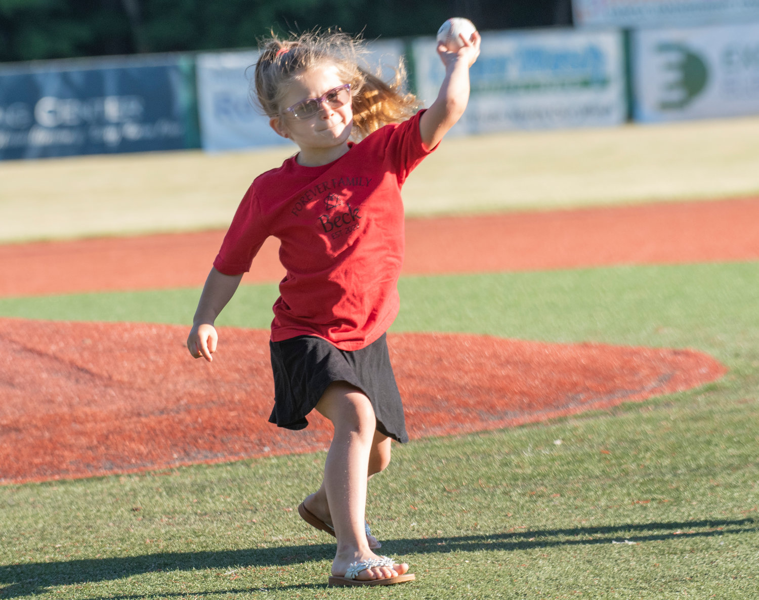 Audrianna Beck looks like a crafty left-handed pitcher on her throw to home plate, honored with throwing out the first pitch at Tuesday, June 14, 2022 Amsterdam Mohawks game at Shuttleworth Park in Amsterdam.