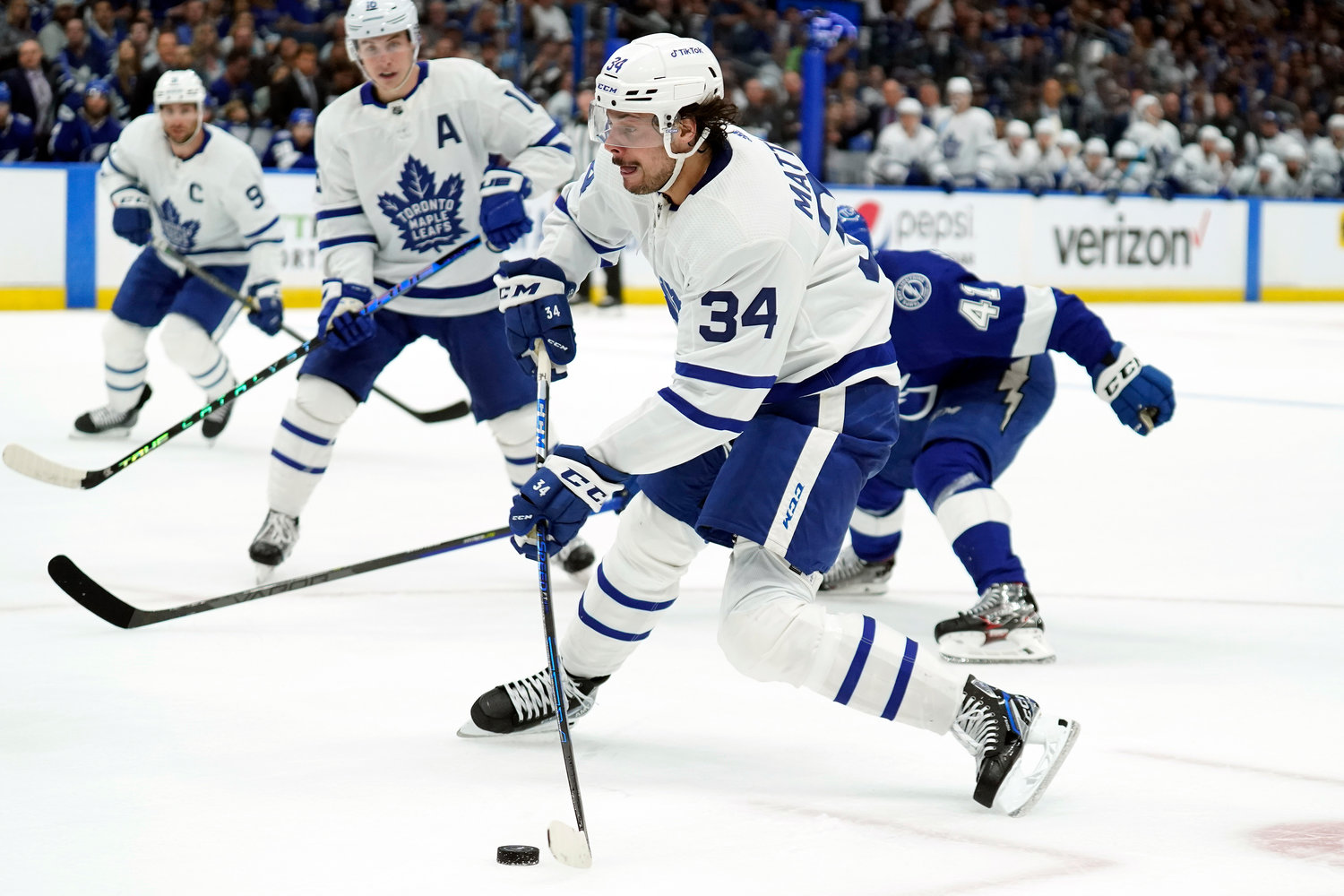 In this file photo, Toronto Maple Leafs center Auston Matthews (34) gets off a shot against the Tampa Bay Lightning in Game 3 of an NHL hockey first-round playoff series Friday, May 6, 2022, in Tampa, Fla. On Tuesday night,  Matthews won the Hart Trophy as the NHL’s most valuable player.
