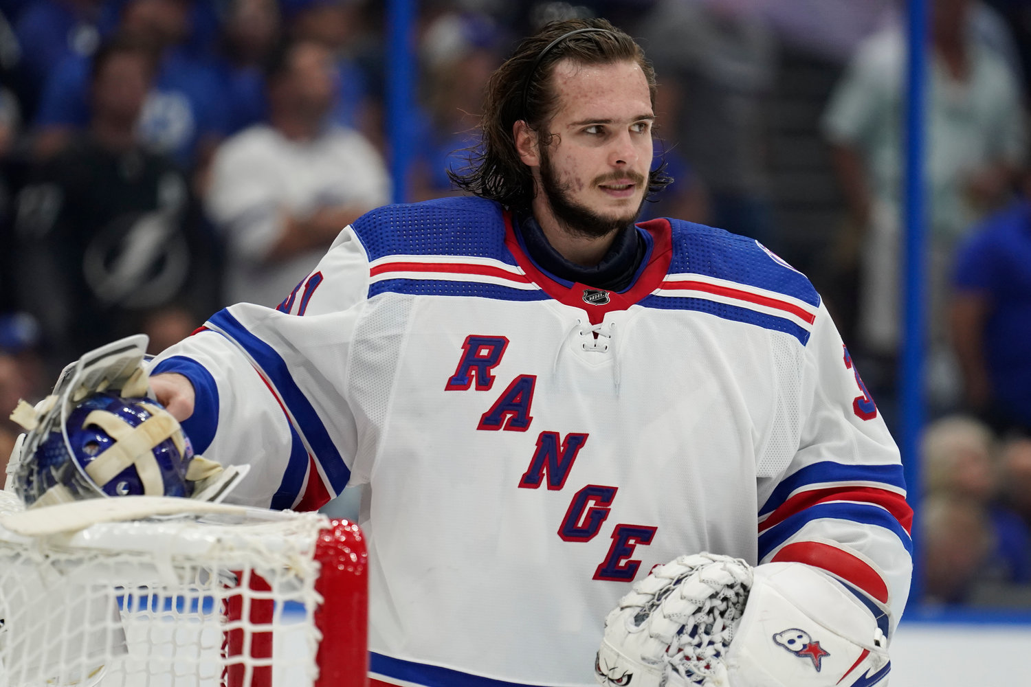 In this AP file photo, New York Rangers goaltender Igor Shesterkin is pictured in Game 3 of the NHL hockey Stanley Cup playoffs Eastern Conference finals against the Tampa Bay Lightning Sunday, June 5, 2022. Shesterkin recently claimed the Vezina Trophy as the league’s top goaltender.