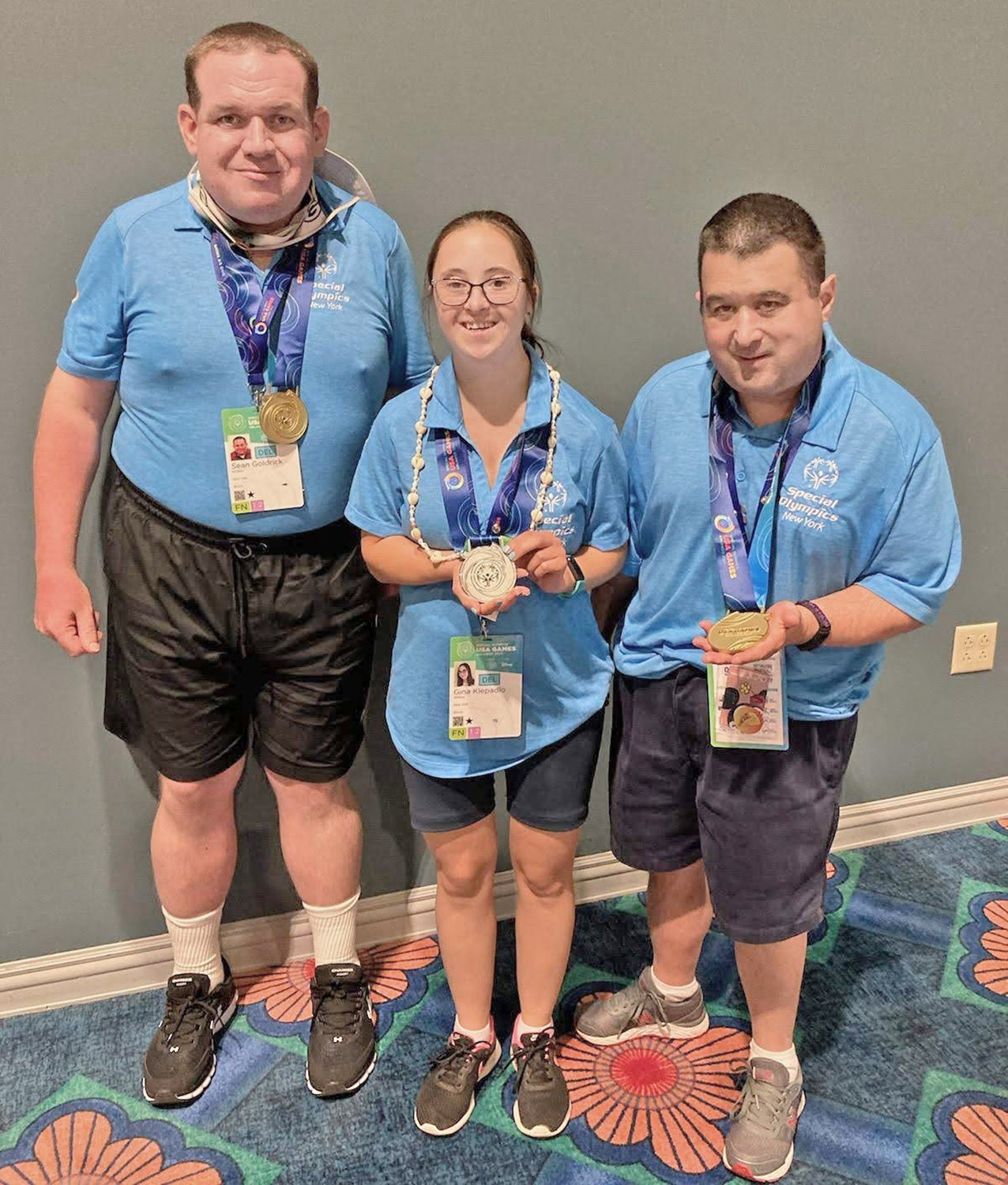 Three of the 12 bocce players representing New York state in the Special Olympics USA Games were from Oneida County. From left: Sean Goldrick of New Hartford and Gina Klepadlo and Paul Amoroso, both of Rome. Each came home from the event in Florida earlier this month with at least two medals, and all three won gold.