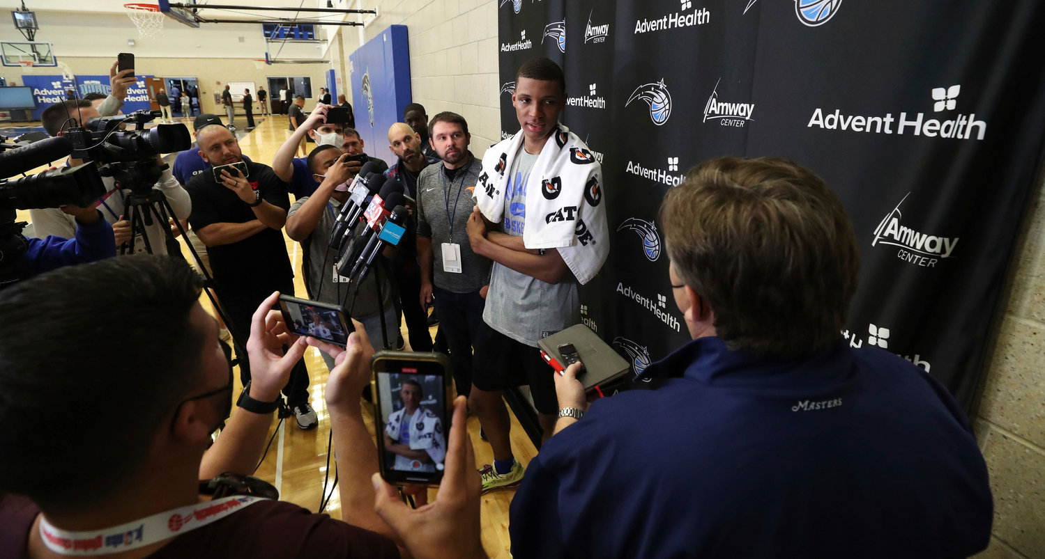 Former Auburn player Jabari Smith talks to the media following a pre-draft workout with the Orlando Magic at Amway Center, on Thursday, June 9, 2022. The Orlando Magic have the No. 1 overall pick in the upcoming June 23rd NBA Draft. Smith is the first of three major prospects the team plans to work out in the coming days/weeks. (Ricardo Ramirez Buxeda/Orlando Sentinel via AP)