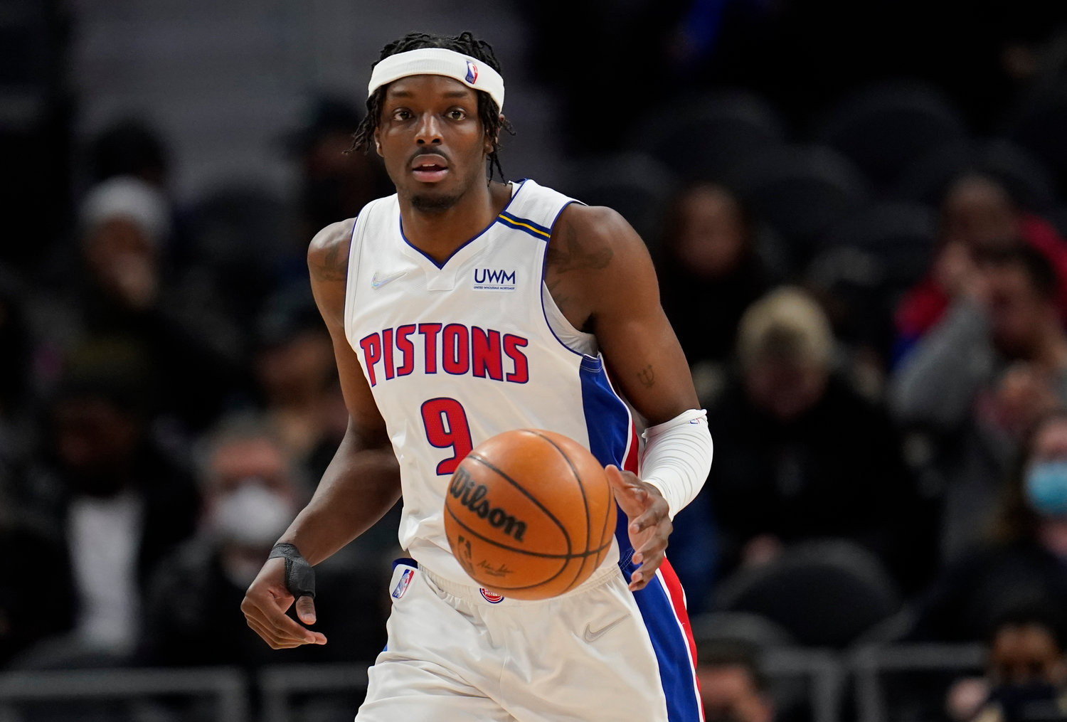 Detroit Pistons forward Jerami Grant brings the ball up against the Minnesota Timberwolves during the second half of a game in Detroit on Feb. 3. A person with knowledge of the move said the Pistons agreed Wednesday, to trade Grant to the Portland Trail Blazers.