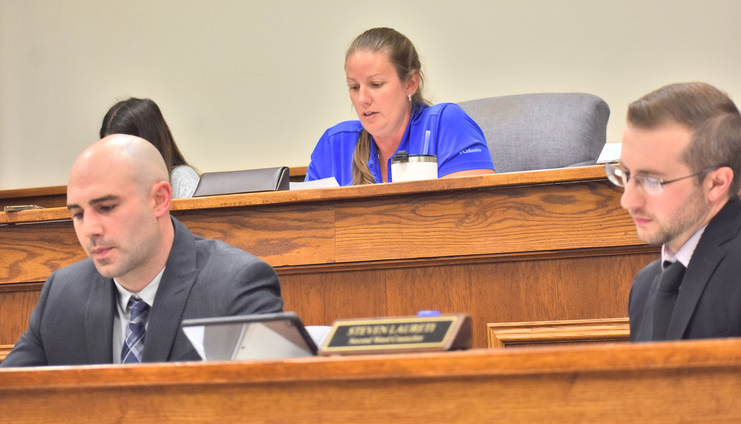 Deputy Mayor Michelle Kinville reads a statement on behalf of the council regarding a vote on whether to allow the Oneida City Police Department to provide the Oneida City School District with a school resource officer. (Sentinel photo by Carly Stone)