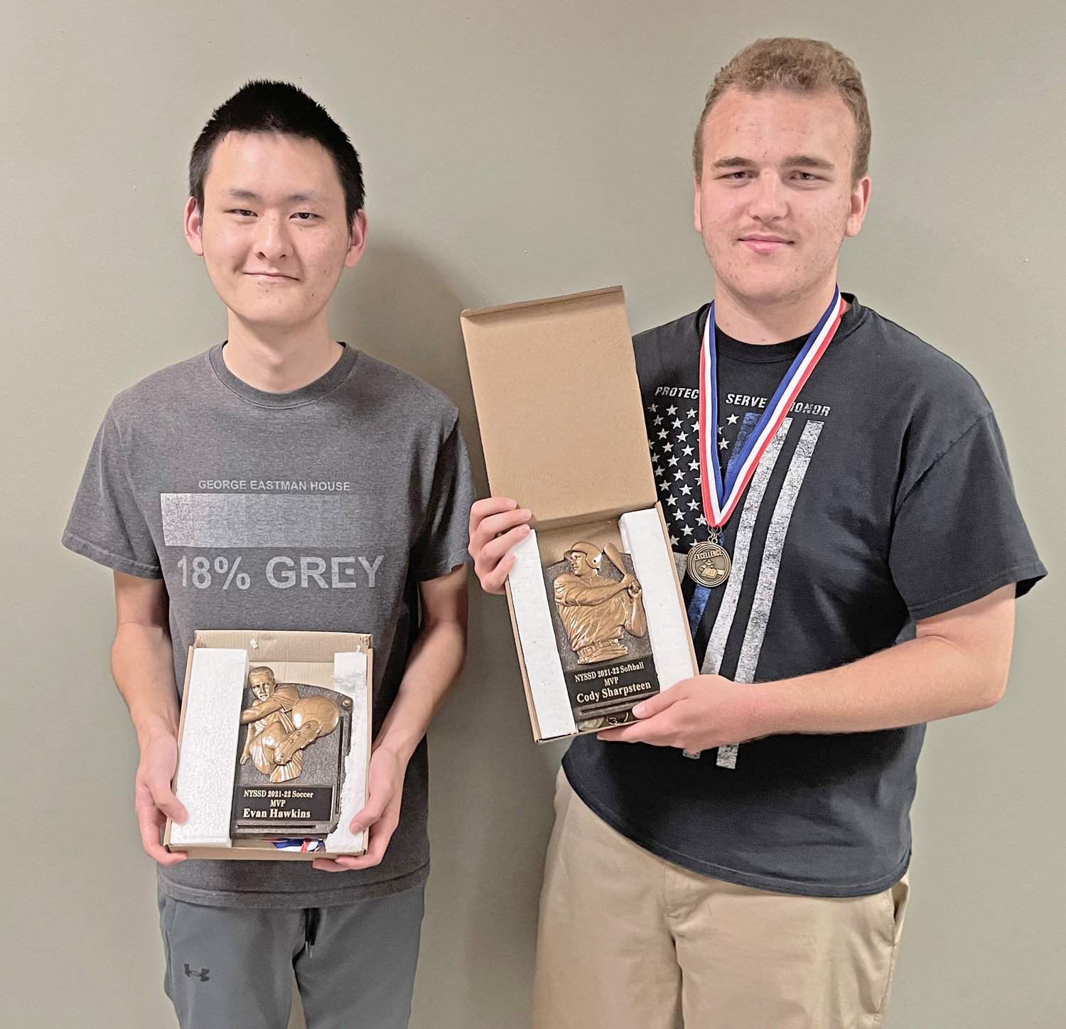NYSSD SENIORS HONORED — New York State School for the Deaf senior Evan Hawkins, left, was named as MVP in soccer; and senior Cody Sharpsteen, right, was named as MVP in softball; at the NYSSD’s athletic awards dinner on Tuesday. The school’s graduation ceremony was scheduled for this morning.