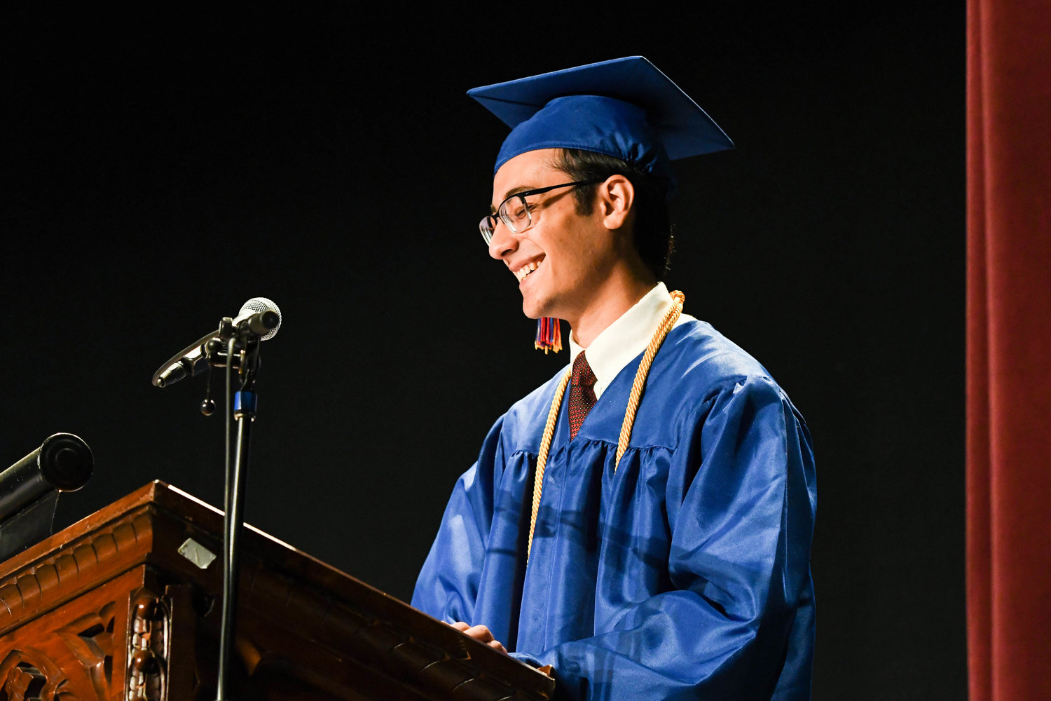 New Hartford Class President Deen Kaakour speaks during the annual commencement ceremony for New Hartford High School on Saturday at The Stanley Theatre in Utica.