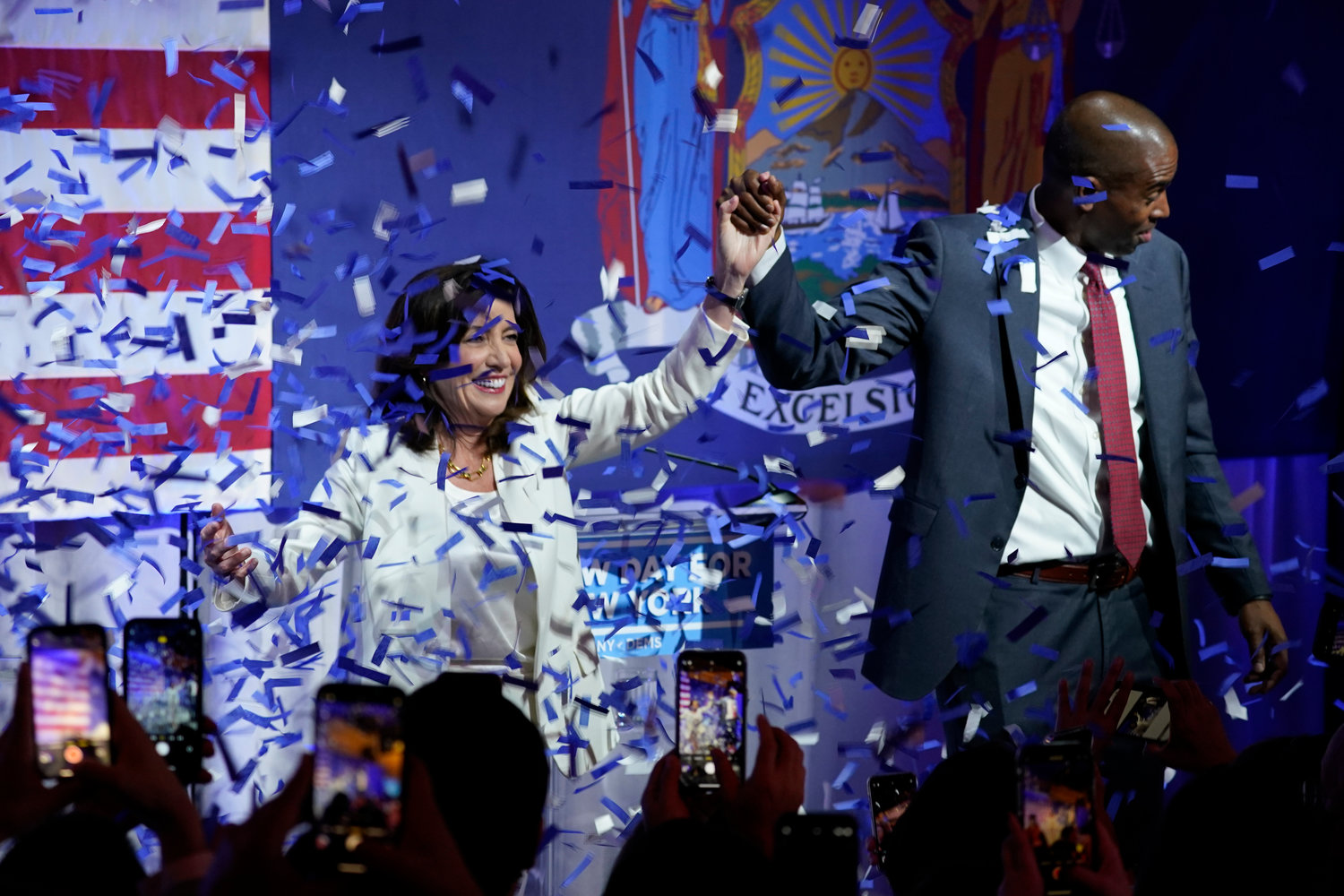 New York Gov. Kathy Hochul stands with Lieutenant governor Antonio Delgado during their primary election night party, Tuesday, June 28, 2022, in New York. (AP Photo/Mary Altaffer)