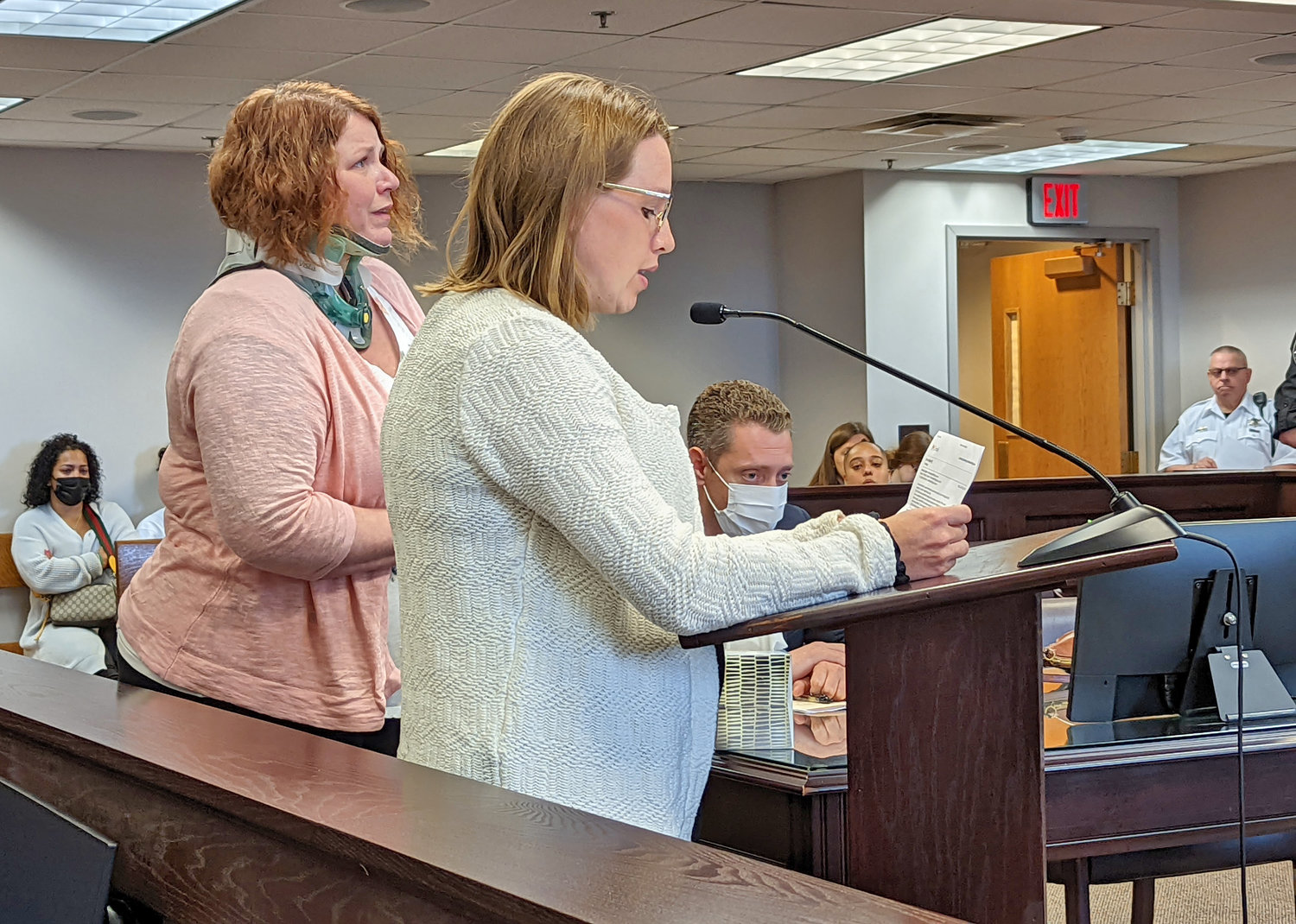 Sarah J. Stinebrickner, of Boonville, continues to wear a neck brace and walk with a cane nearly two years after the September 2020 crash on Route 12 in Boonville. Her sister was killed in the crash. Assistant District Attorney Rebecca G. Kelleher read a statement from Stinebrickner in court on Wednesday.