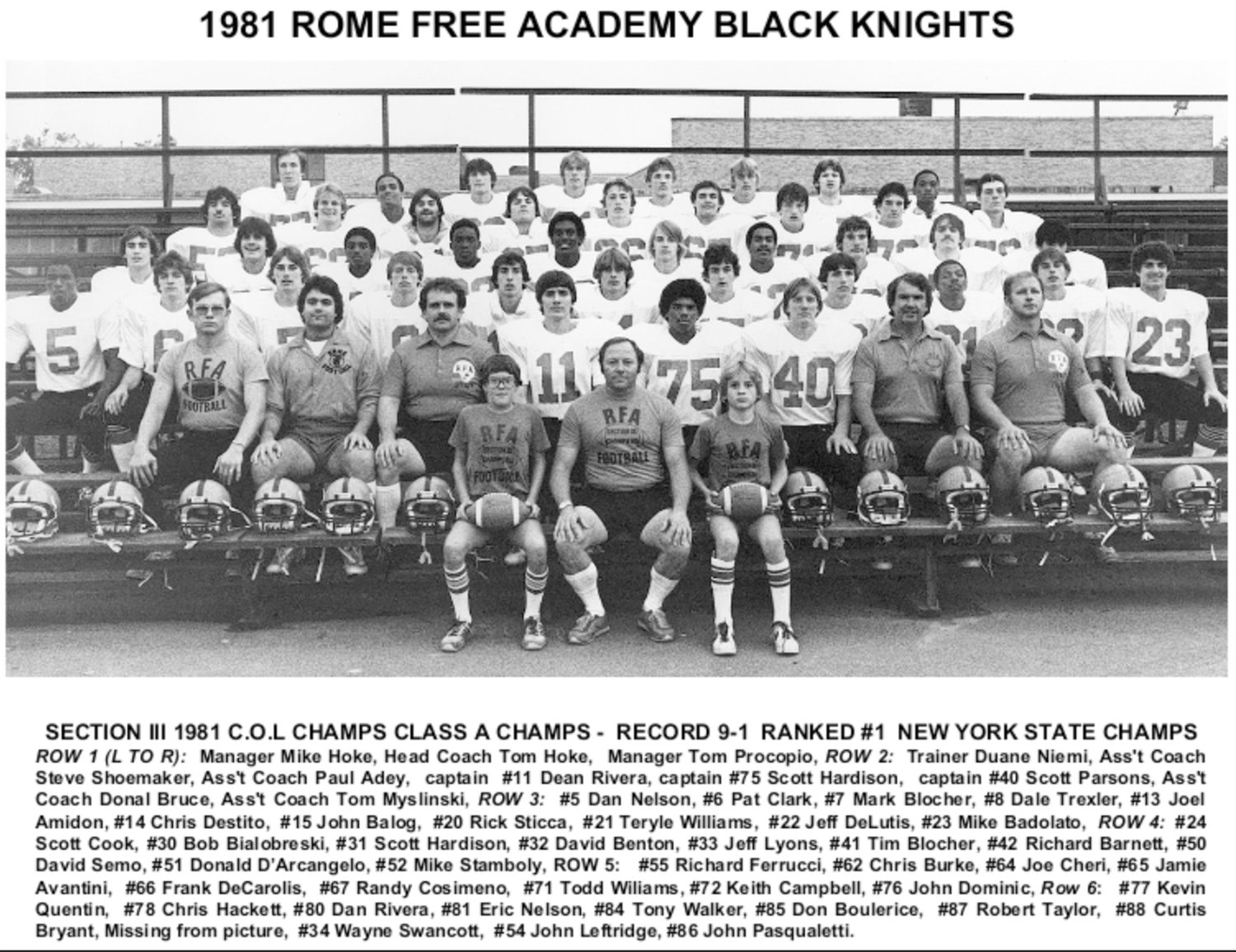 The 1981 Rome Free Academy varsity football team, which was ranked No. 1 in New York state and coached by Hall of Famer Tom Hoke, is the 2020 recipient of the Rome Sports Hall of Fame’s Ellie Bruce Exceptional Team of Excellence Award.