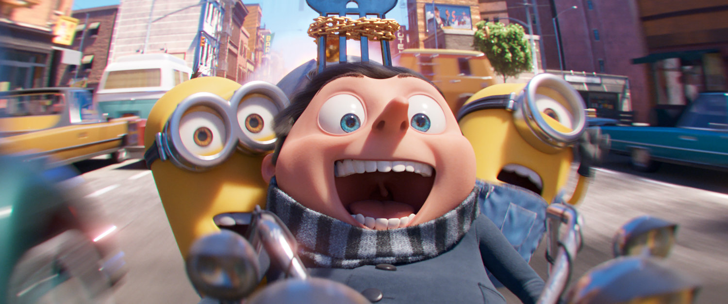 From left, Kevin, Gru, voiced by Steve Carell, and Stuart in a scene from “Minions: The Rise of Gru.”