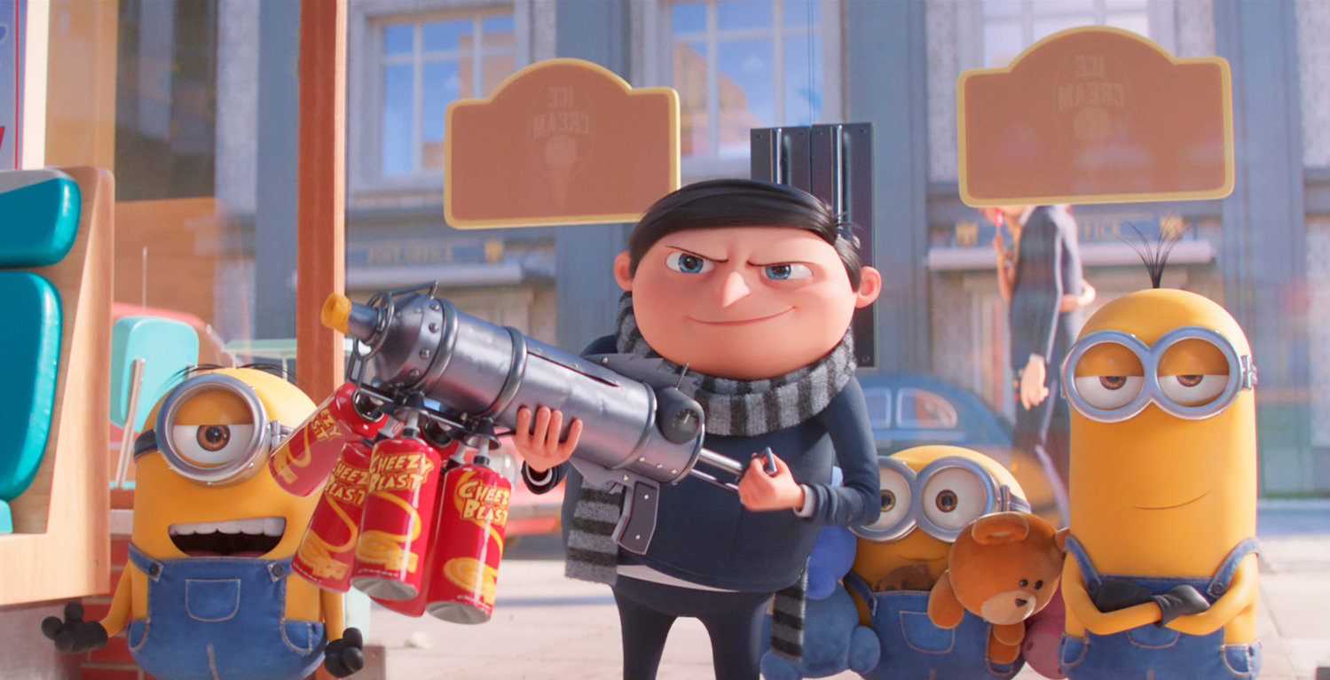 From left, Stuart, Gru, voiced by Steve Carell, Bob and Kevin in a scene from "Minions: The Rise of Gru."