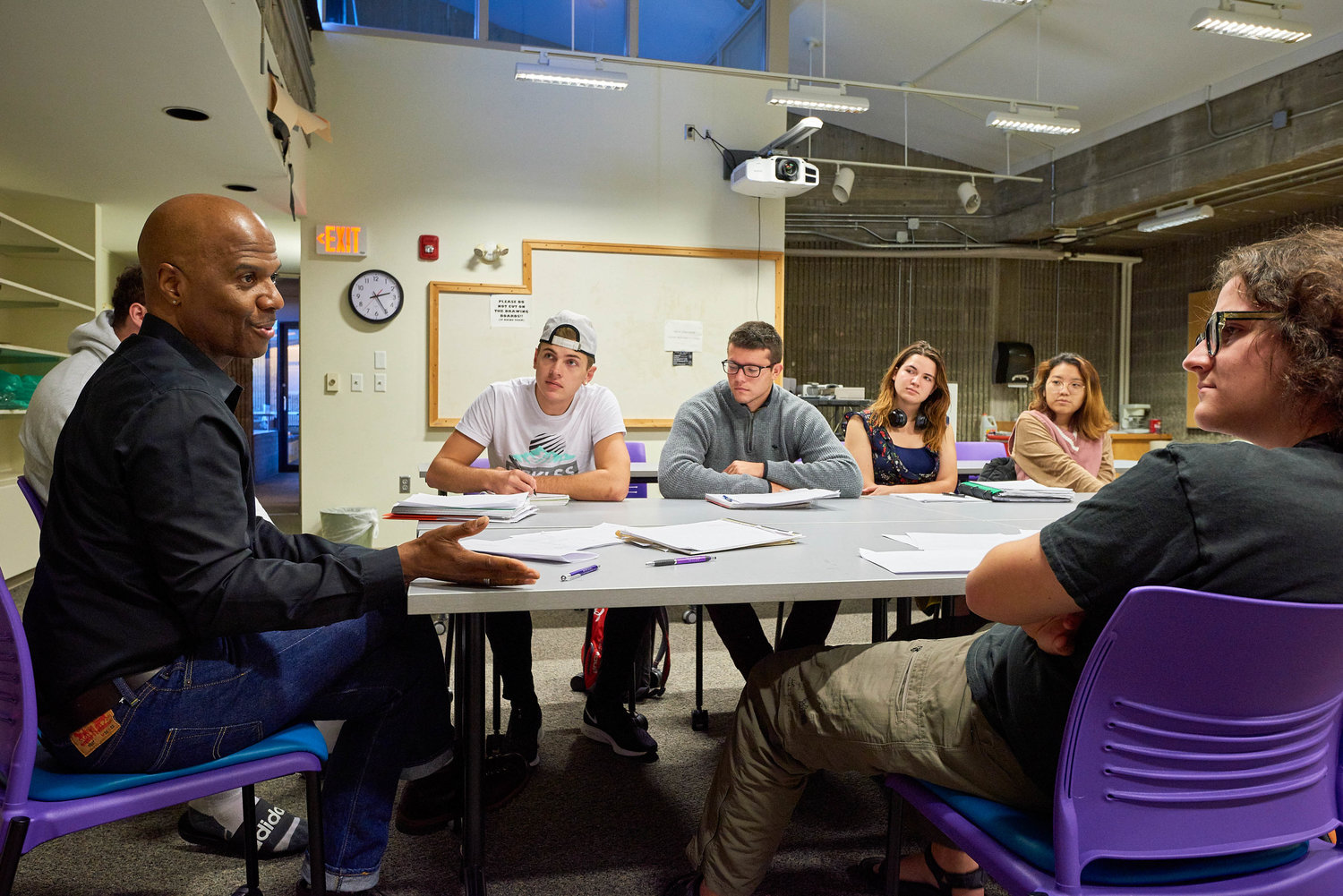 Kyle Bass, Assistant Professor of Theater, teaches a class in drama and theater arts in Dana Hall at Colgate University in 2019.