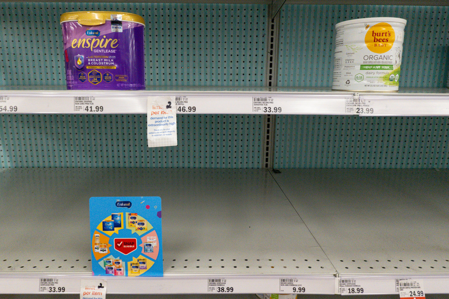 Baby formula is displayed on the shelves of a grocery store in Carmel, Ind. on May 10, 2022. Among actions taken during the formula shortage over the past several months, a bill introduced early June, 2022, would require the Food and Drug Administration to inspect infant formula facilities every six months. U.S. regulators have historically inspected baby formula plants at least once a year, but they did not inspect any of the three biggest manufacturers in 2020.