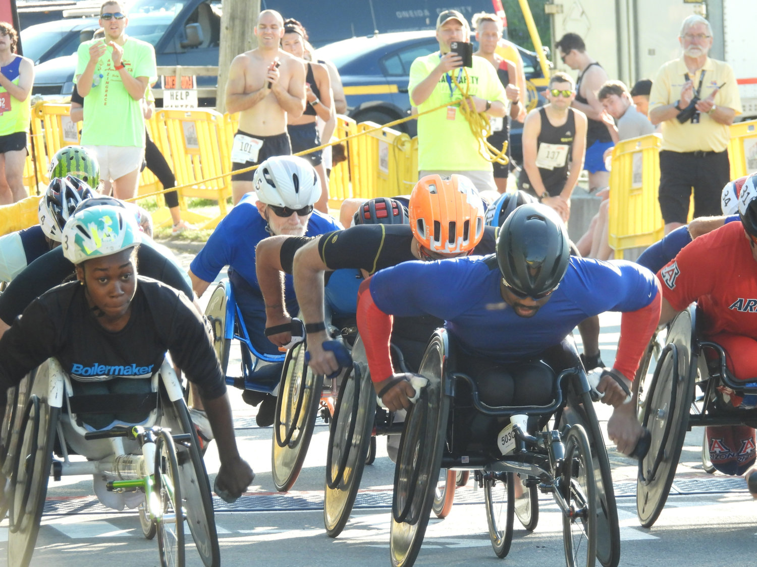 Wheelchair racers take off for the 45th Boilermaker Road Race on Sunday, July 10 in Utica.