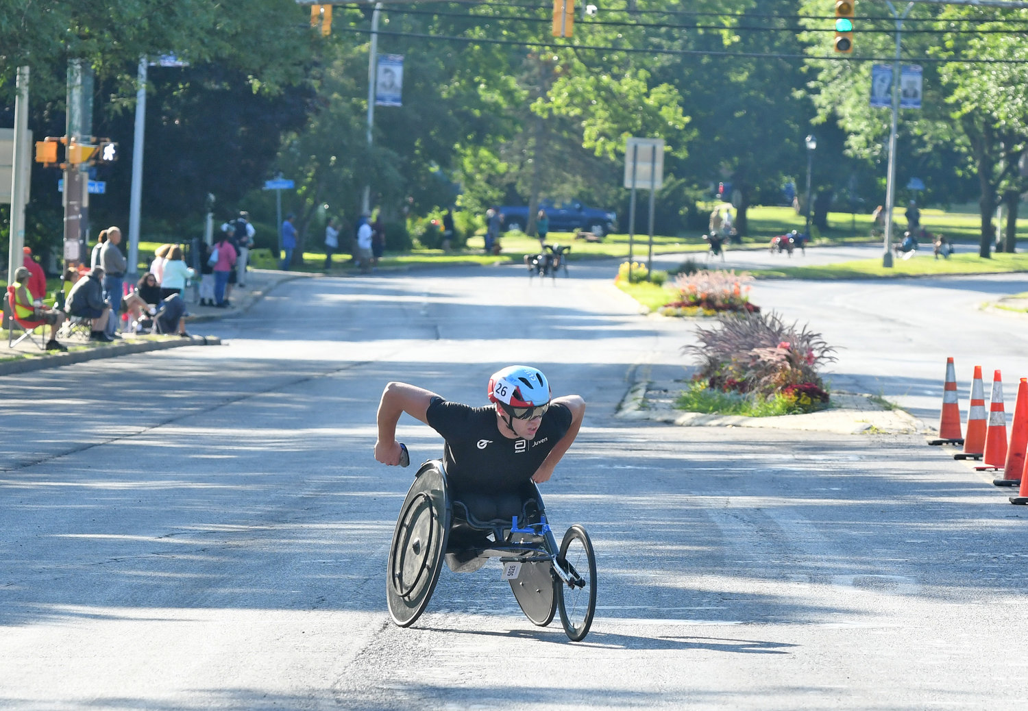 The first wheelchair racer of the 45th Boilermaker Road Race to make the turn left from Memorial Parkway to Valley View Road was eventual winner Daniel Romanchuk. It was his fifth win in the Utica race.