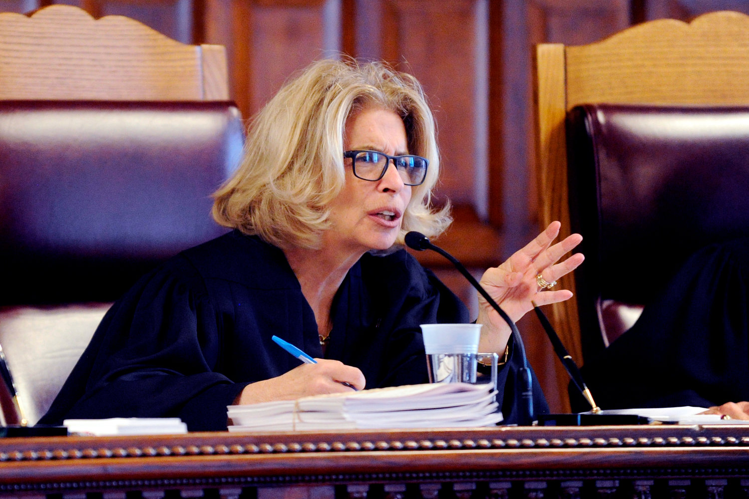 New York Court of Appeals Chief Judge Janet DiFiore, asks questions during oral arguments at the Court of Appeals, June 1, 2016, in Albany, N.Y. Di Fiore announced Monday, July 11, 2022, she will step down after more than six years presiding at the state's highest court and overseeing the state court system.