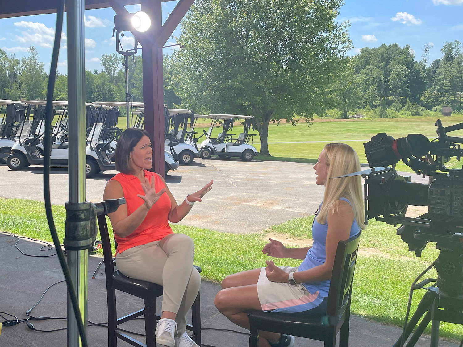 Rome’s Lauren Cupp, right, is interviewed by CBS Saturday Morning co-host Dana Jacobson on June 30 at Rome Country Club for a speedgolf feature. Cupp won the Alabama Speedgolf Open last month to solidify her No. 1 world ranking in speedgolf. The speedgolf piece will run this Saturday. The show runs from 9-11 a.m.