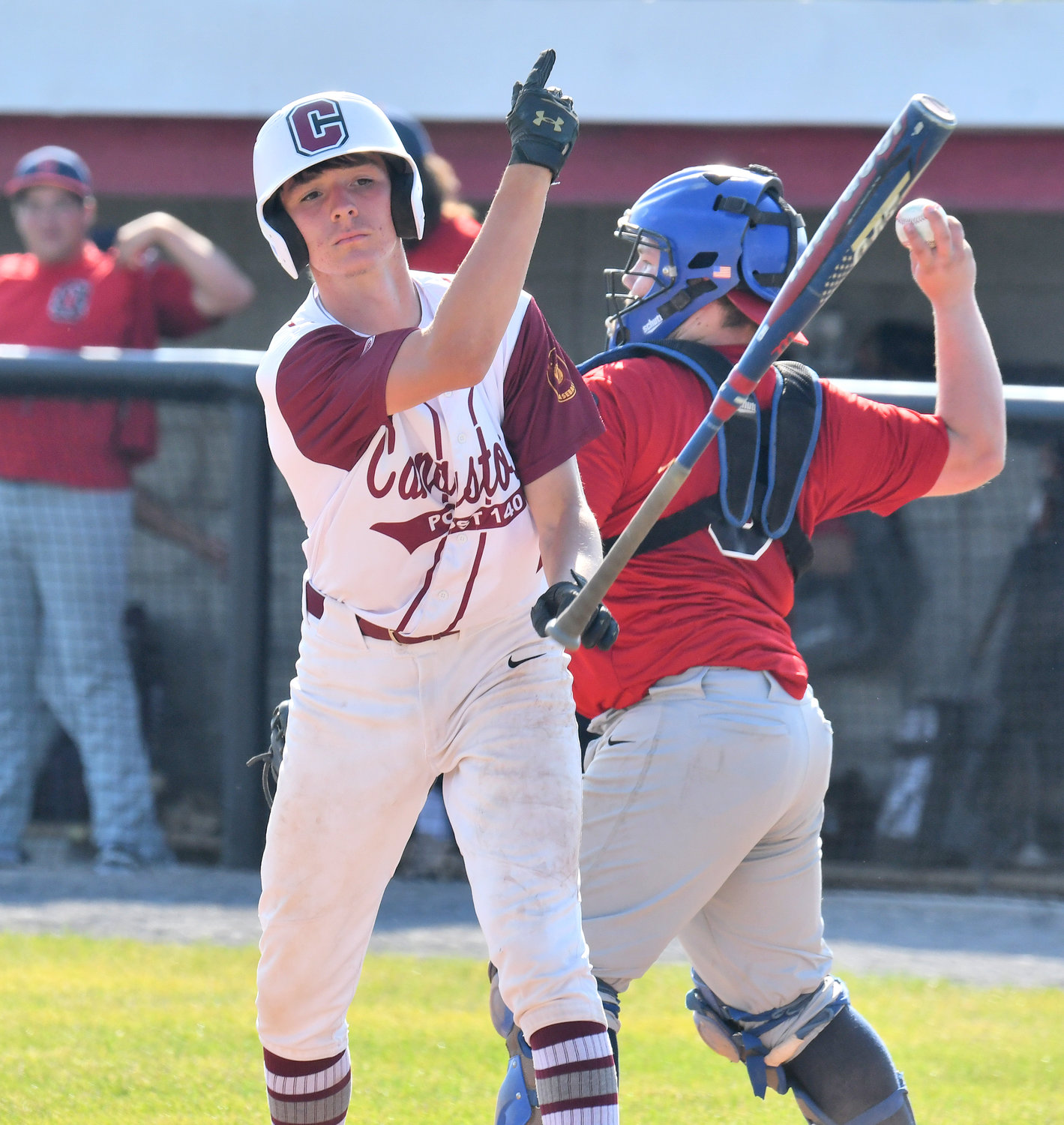 FREE PASS — Miller Post batter Logan Mead tosses his bat away after earning a walk in the first inning of Monday's District V American Legion baseball playoff game against Oriskany Post. Oriskany won 11-1 to advance to play top-seeded Whitestown Post at 5:15 p.m. Wednesday at DeLutis Field in Rome.