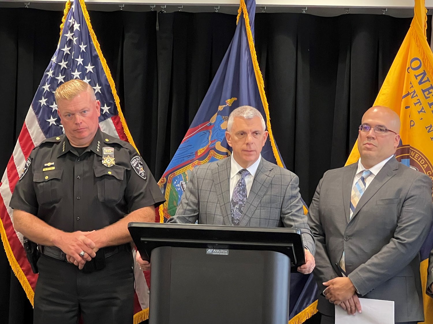 Officials discuss a new 4-year collective bargaining agreement with the union that represents corrections officers and court employees and Oneida County on Wednesday. From left: Sheriff Robert M. Maciol; Oneida County Executive Anthony J. Picente Jr.; and Local 1249 President Luis Roman.