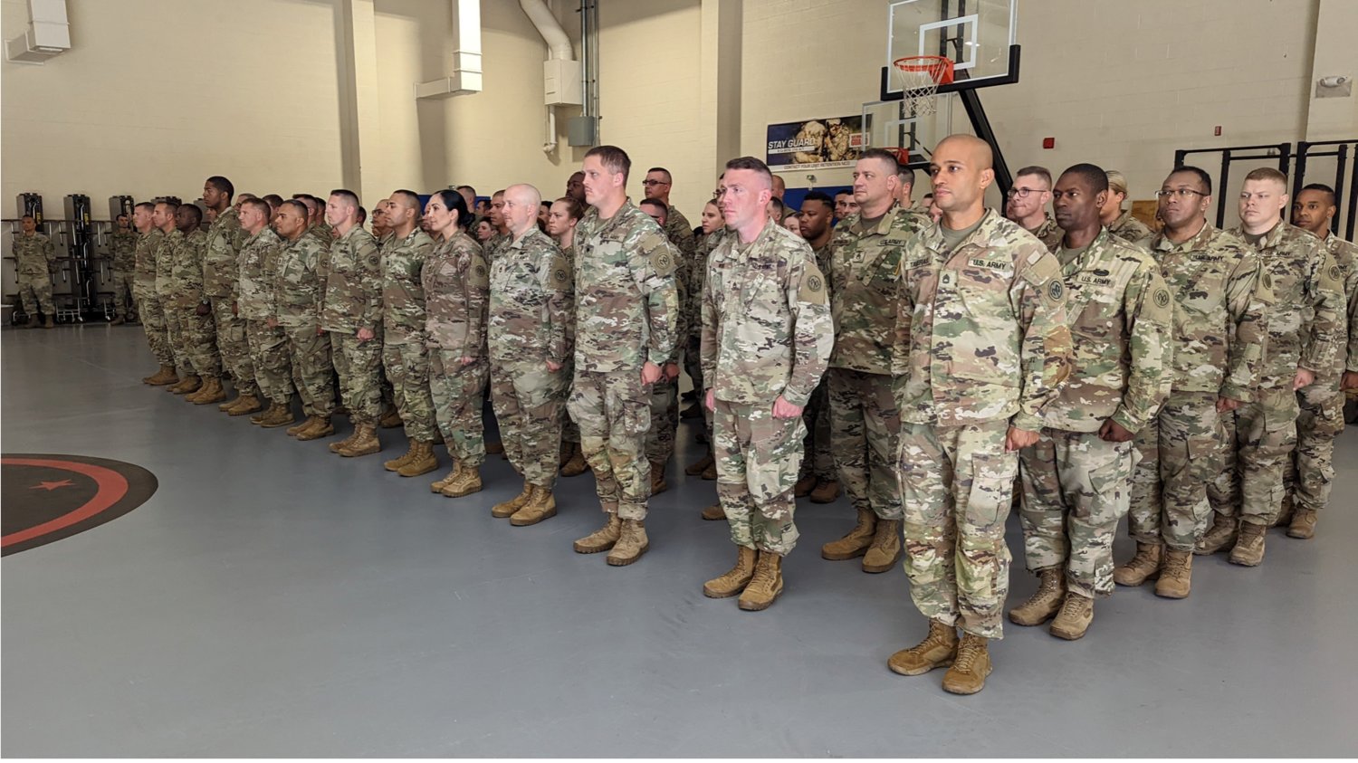 New York Army Guard Soldiers deploying as part of the Joint Multinational Training Group-Ukraine stand in formation during farewell ceremonies held on Friday, July 15.