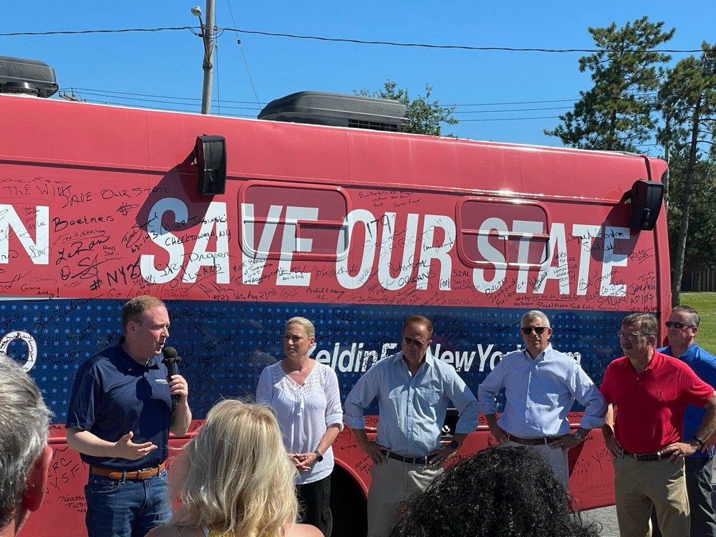 Republican gubernatorial candidate Lee Zeldin speaks with supports in Utica last weekend. From left: Zeldin; Alison Esposito, the GOP candidate for lieutenant governor; State Sen. Joseph A. Griffo, R-47, Rome; Oneida County Executive Anthony J. Picente Jr.; and Assemblyman Brian Miller, R-101, New Hartford.