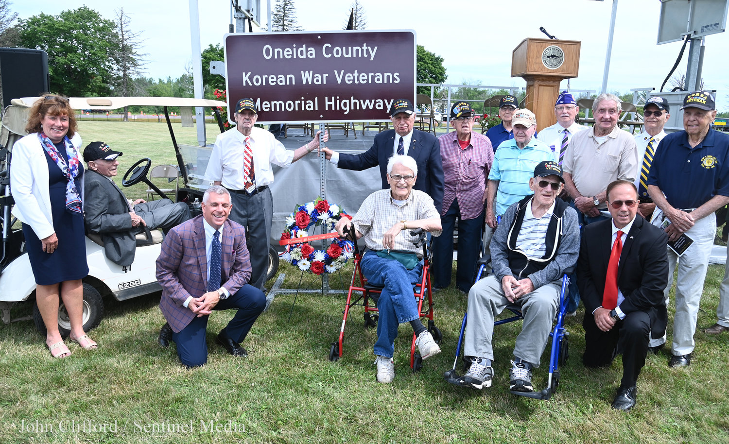 Assemblywoman Marianne Buttenschon, Oneida County Executive Anthony J. Picente, Jr.  and Sen. Joseph Griffo with Korean War Veterans that attended the ceremony Wednesday, July 27, 2022.