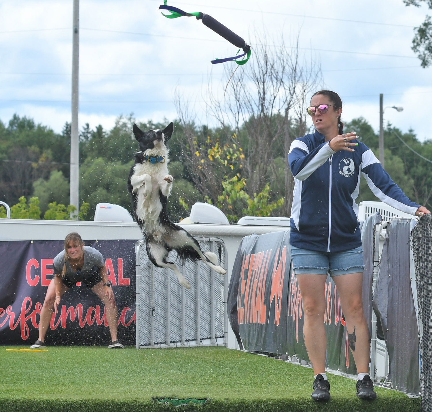 Squeegee, a 3-year-old border collie, jumps high and far after Jessica Edgerly threw a toy into the 35-foot pool that’s part of the Dynamo Dogs show at the Boonville-Oneida County Fair.