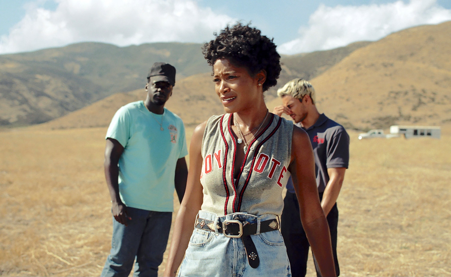 From left, Daniel Kaluuya, Keke Palmer, and Brandon Perea in a scene from “Nope.”