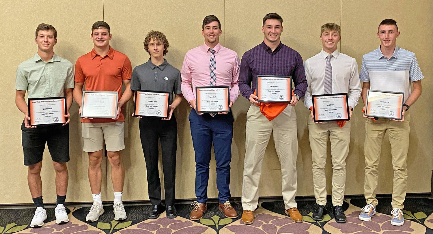 MALE SPORTS PERSONALTIES — The eight Rome Free Academy athletes honored as High School Male Sports Personalities this year by the Rome Sports  Hall of Fame are, from left: Jack Anderegg, Tanner Brawdy, William D'Agata, Marco Macri, Ryan O'Connell, Jake Premo and Eddie Rakowski. Not pictured, Ashton Thompson.