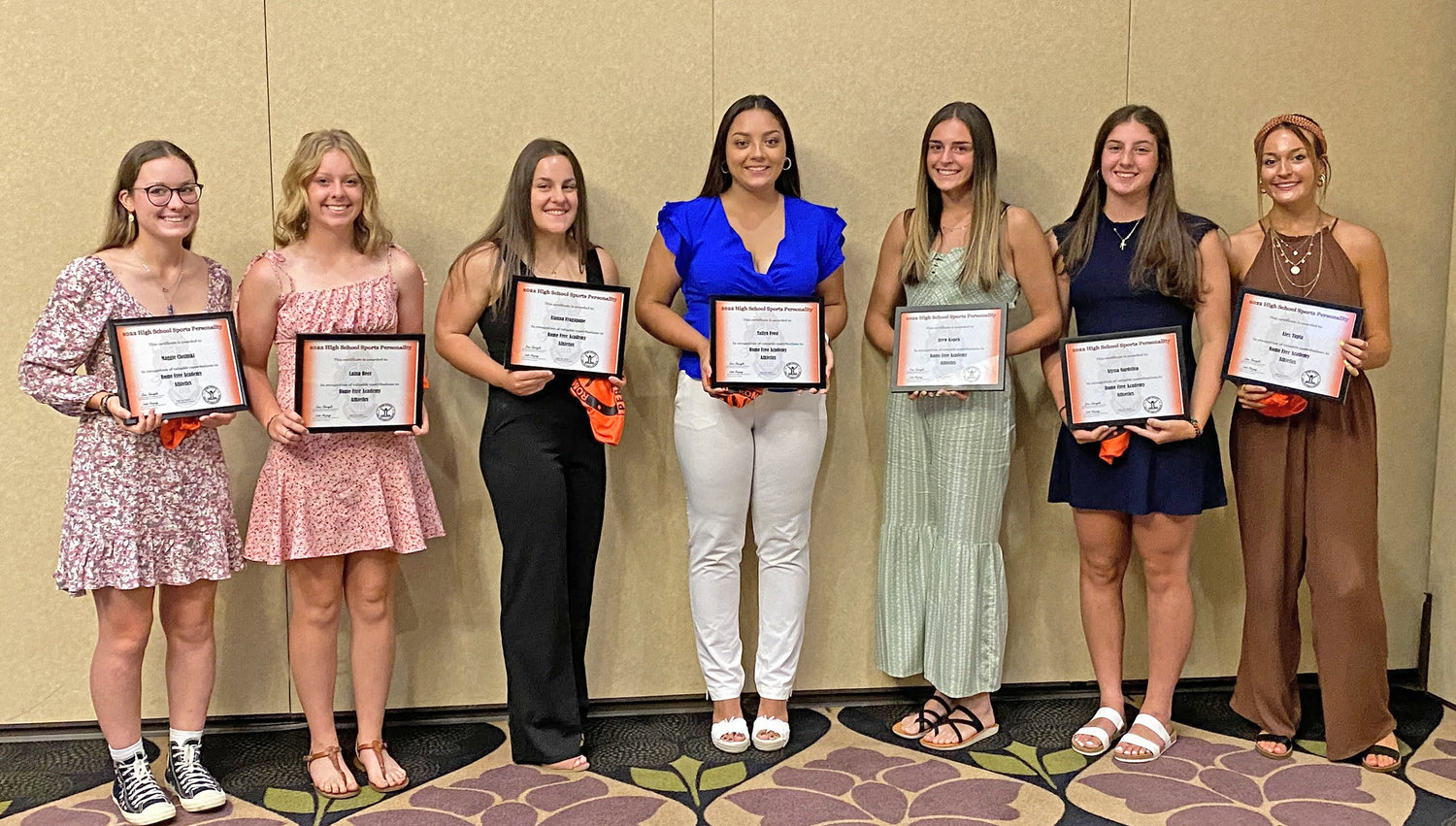 FEMALE SPORTS PERSONALTIES — The 12 Rome Free Academy honorees as High School Female Sports Personalities this year by the Rome Sports Hall of Fame are, from left: Maggie Closinski, Laina Beer, Alanna Fragapane, Tailyn Frost, Drew Kopek, Alyssa Nardslico and Alex Tapia. Not pictured, Lauren Dorfman, Lily Gilroy, Alexis Kennedy, MacKenzie Pantola and Imani Pugh.