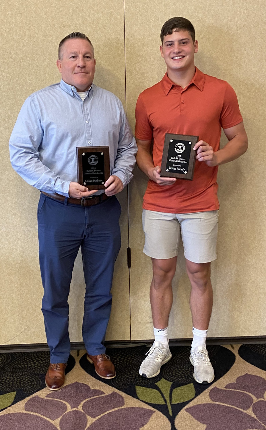 DEMERS SCHOLARSHIP — The Rome Sports Hall of Fame selected Lauren Dorfman and Tanner Brawdy as the Ruth Demers Scholarship winners this year. Pictured are Dorfman's father Krispen Dorfman and Brawdy.