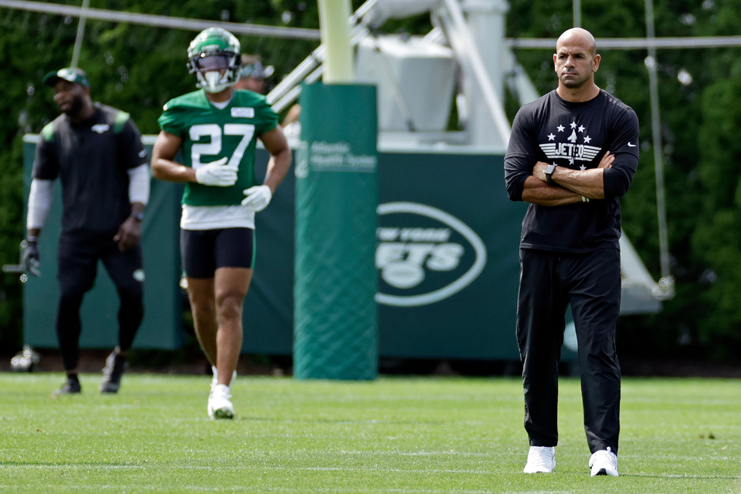 New York Jets coach Robert Saleh looks on during drills at the team's practice facility on July 28 in Florham Park, N.J.