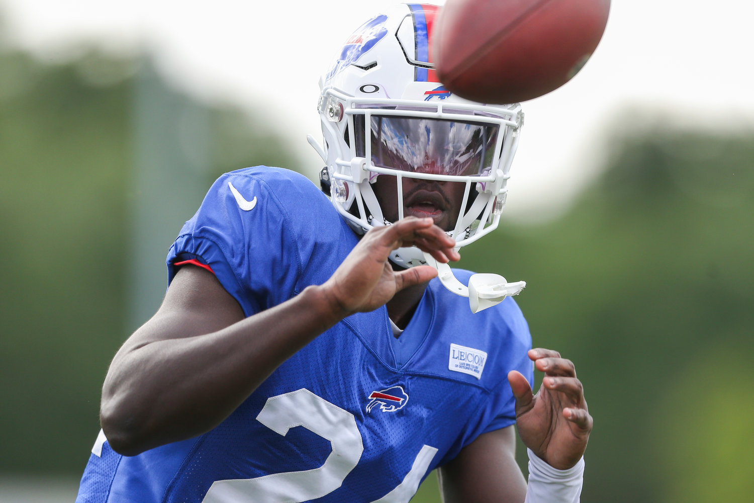 Buffalo Bills cornerback Kaiir Elam makes a catch during practice at the team’s training camp on July 30 in Pittsford.