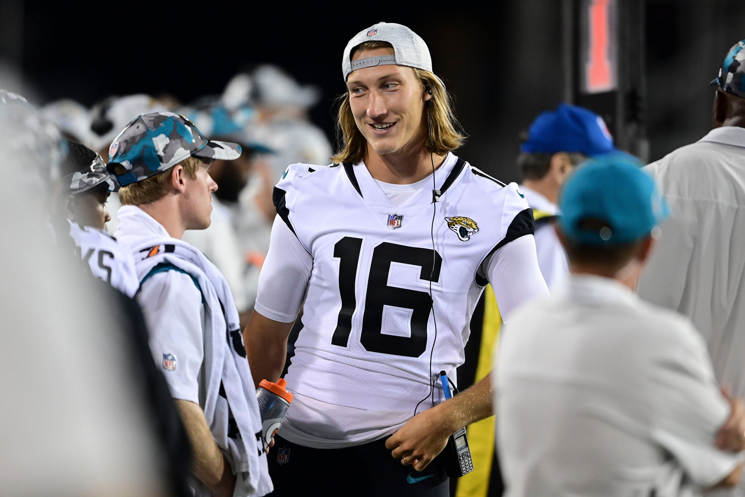 Jacksonville Jaguars quarterback Trevor Lawrence (16) stands on the sideline during the second half of the team'a NFL football exhibition Hall of Fame Game against the Las Vegas Raiders on Thursday, Aug. 4, 2022, in Canton, Ohio.