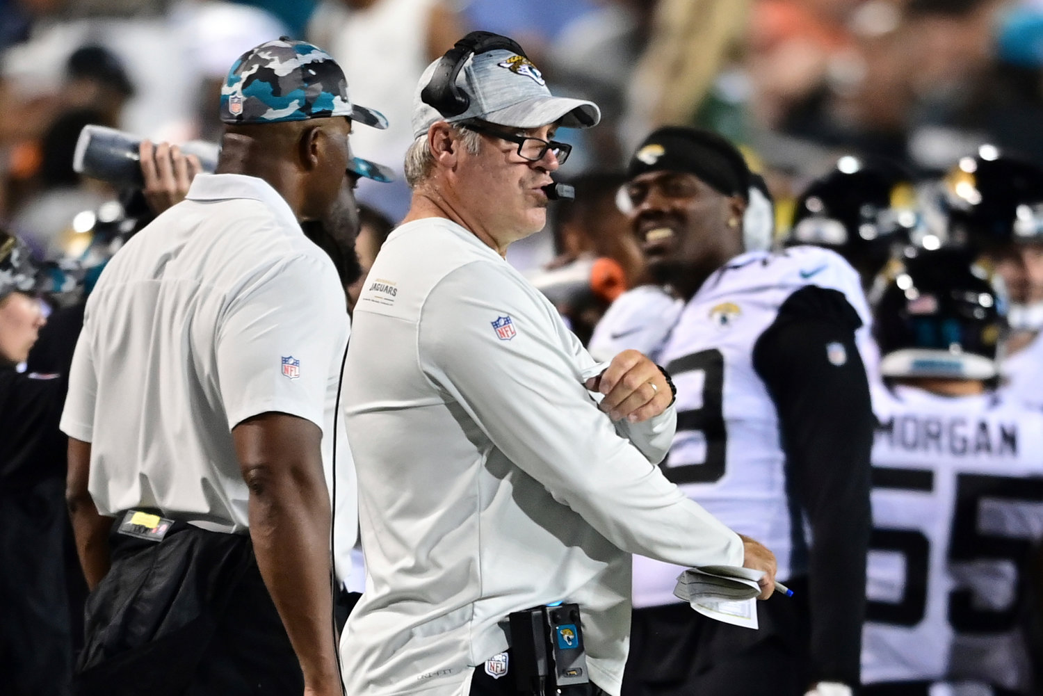 Jacksonville Jaguars coach Doug Pederson, center, watches from the sideline during the first half of the team's NFL football exhibition Hall of Fame Game against the Las Vegas Raiders, Thursday, Aug. 4, 2022, in Canton, Ohio.